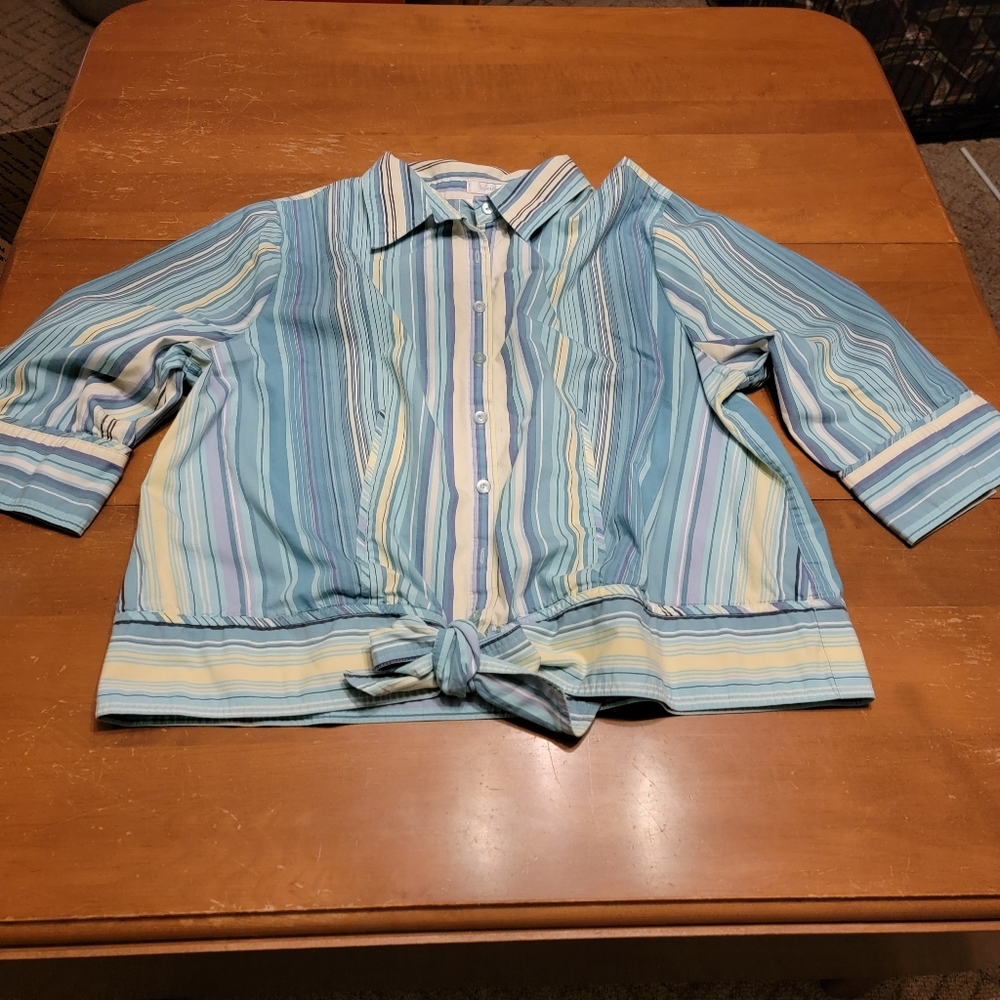 CJ Banks Turquoise, Yellow Stripe Button Down Tie Hem Blouse Plus Size 2X - Picture 6 of 12